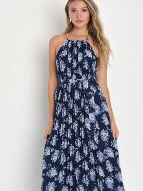 Lulus Peak Perfection Navy Blue Floral Print Pleated Belted Midi Dress